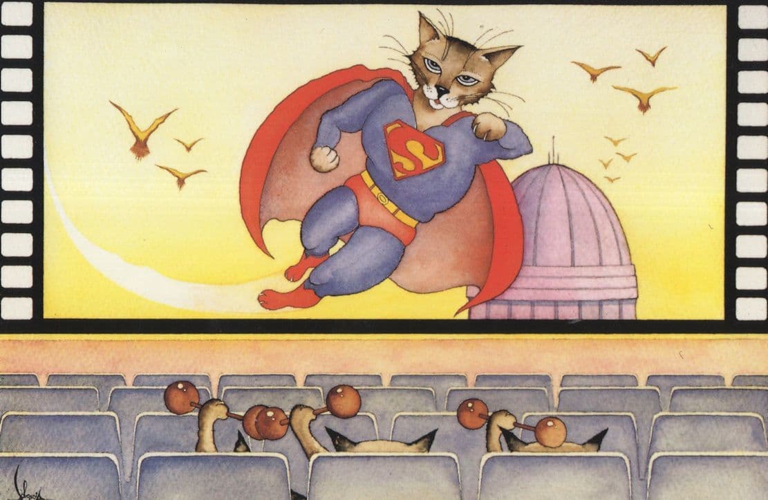 Cat As Marvel Superman Film Comic French Art Painting Postcard