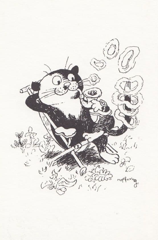 Cat Blowing Smoke Rings Musical Pipe Gerard Hoffnung Cartoon Comic Postcard