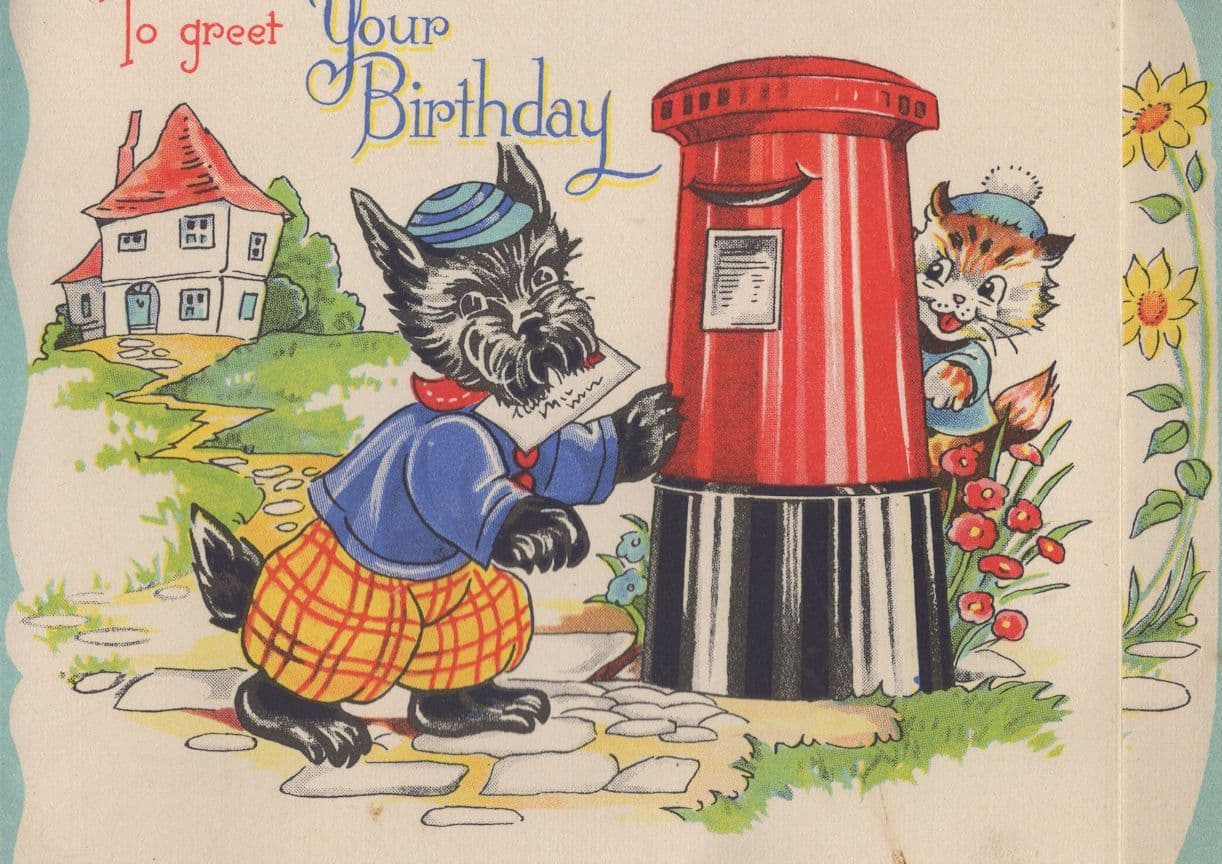 Cat & Dog At Old Pillar Box Birthday Bicycle Antique Greetings Card