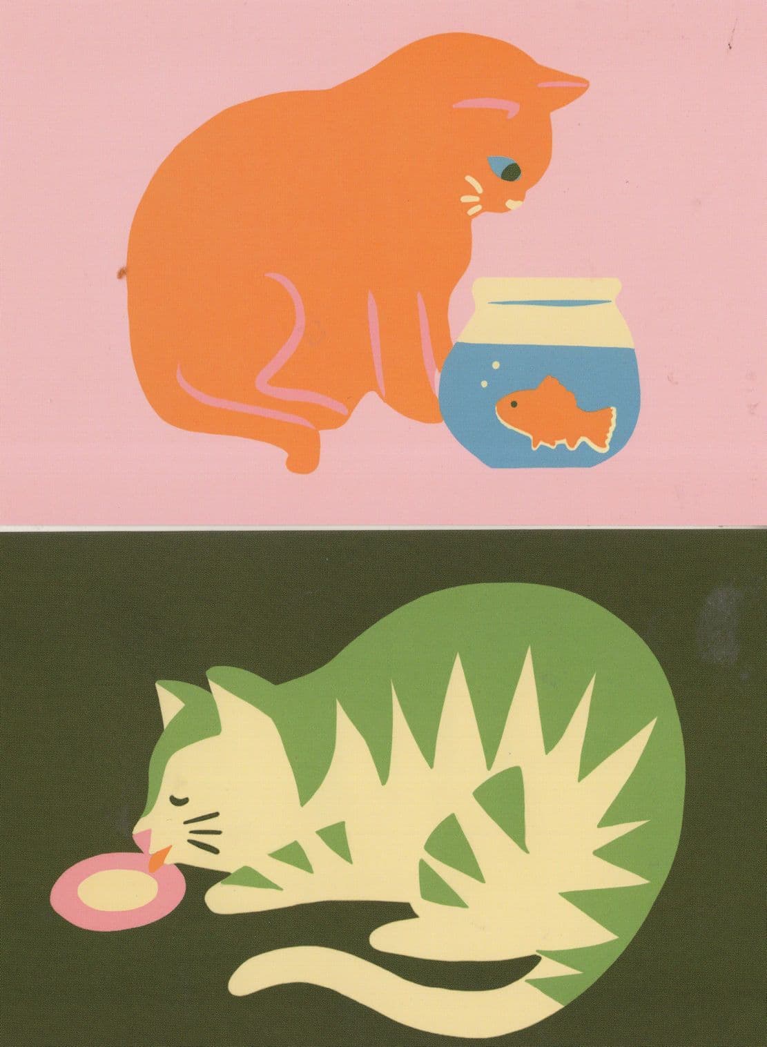 Cat Eating A Goldfish Colour Changing Milk Saucer 2x Postcard s