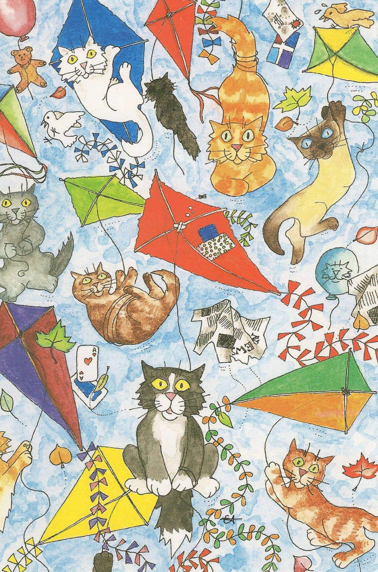 Cat Kittens With Kites Flying A Kite Kittykite Painting Postcard