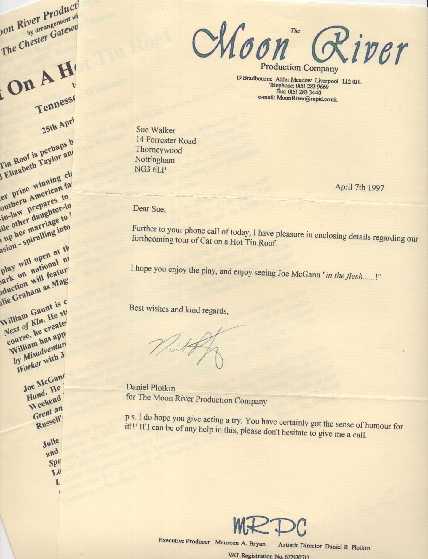 Cat On A Hot Tin Roof Insider Theatre Tour 1997 Joe McGann Itinery