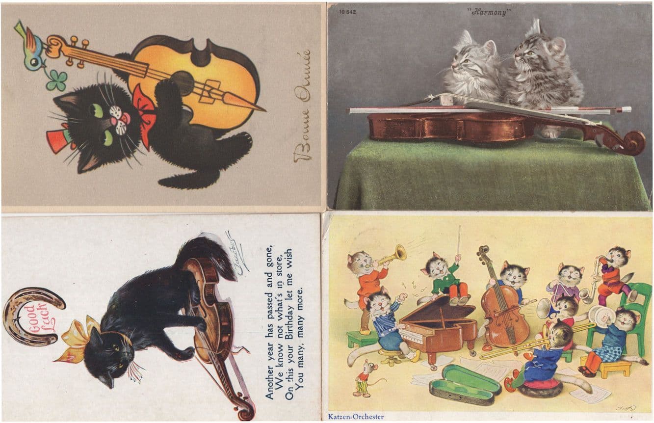 Cat Violin Musicians Players Orchestra 4x Comic Old Postcard s