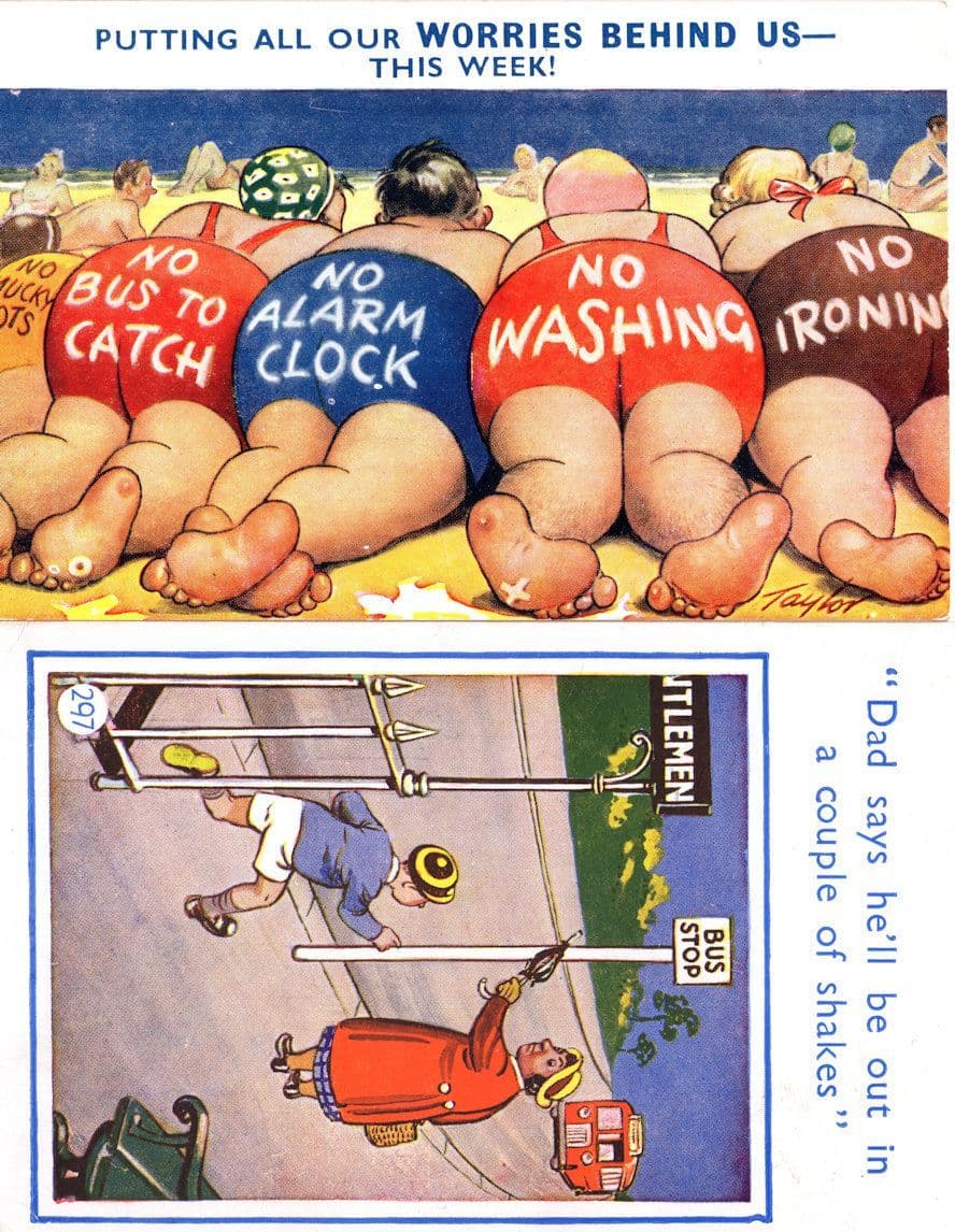 Catching A Bus At Public Toilets 2x 1970s Comic Postcard s