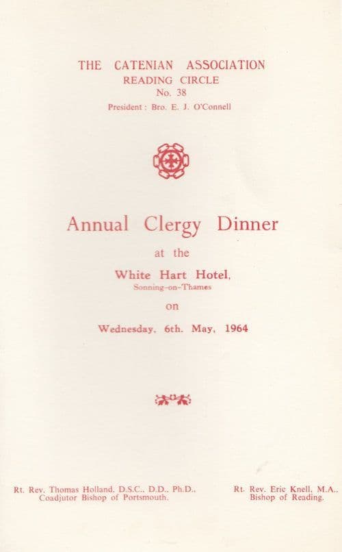 Catenian Assoc Reading Annual Clergy Dinner 1964 Sonning On Thames Dinner Menu