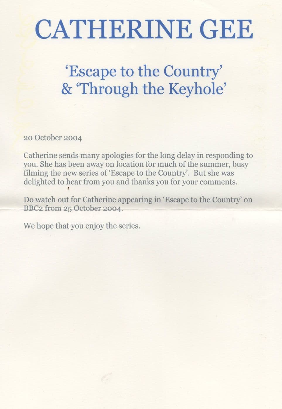 Catherine Gee Through The Keyhole Hand Signed Photo & Letter