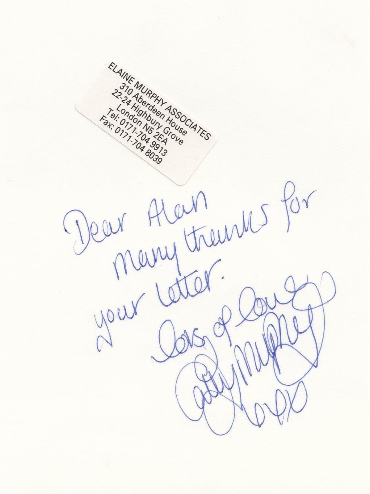 Cathy Murphy Family Affairs Large Hand Signed Photo Letter
