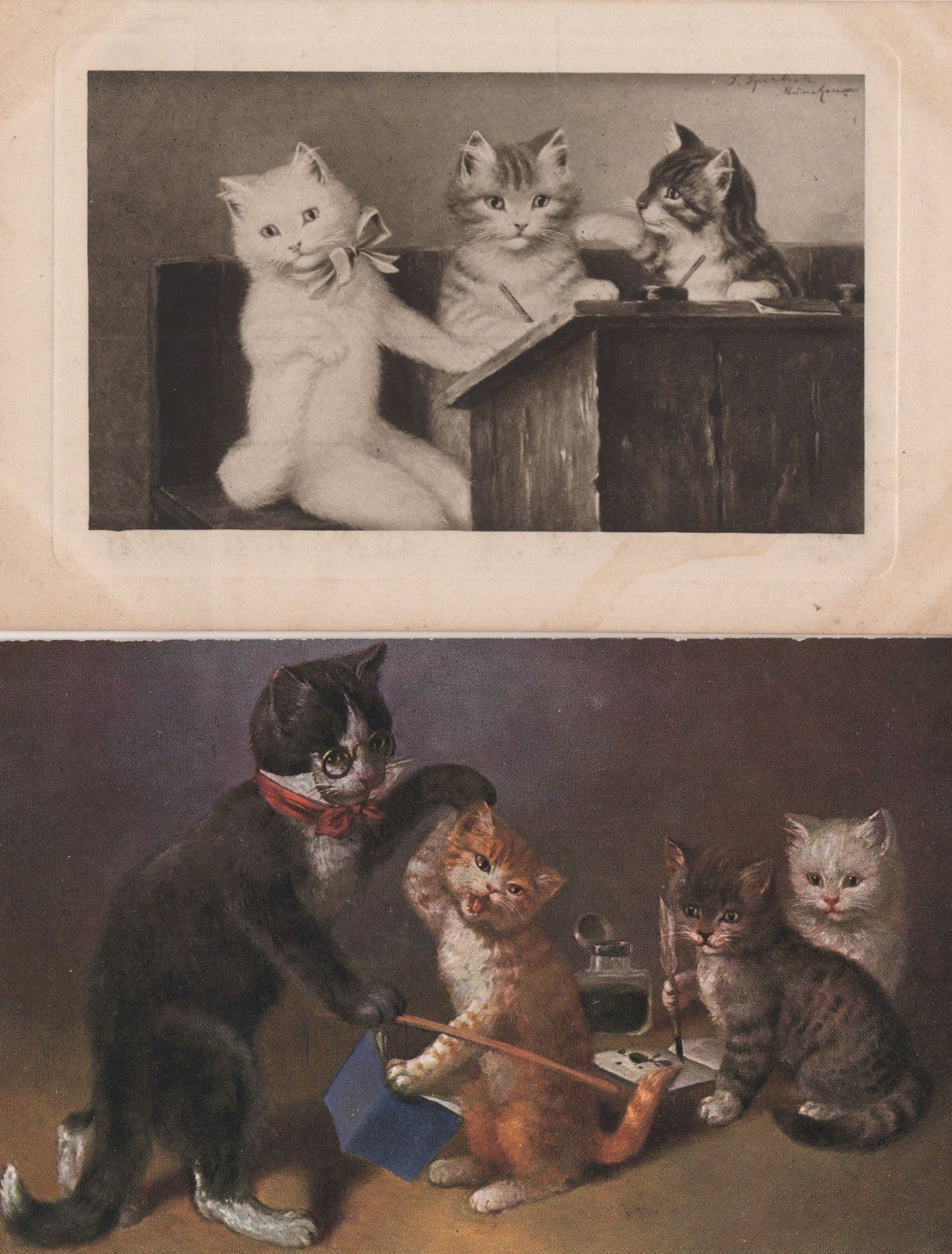 Cats At School Teacher Spectacles Ink Bottle Fountain Pen 2x German Postcard s