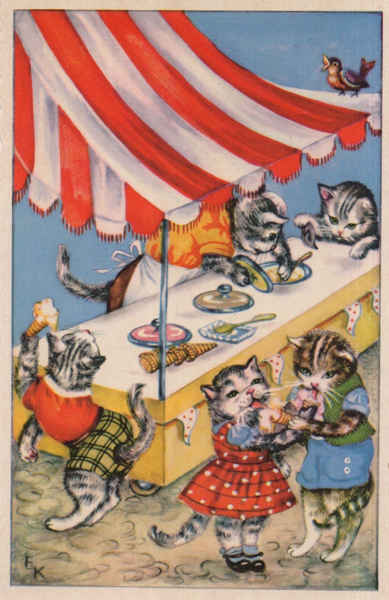 Cats Having Ice Cream Making Kitten Cat Party Anamorphic Old Postcard