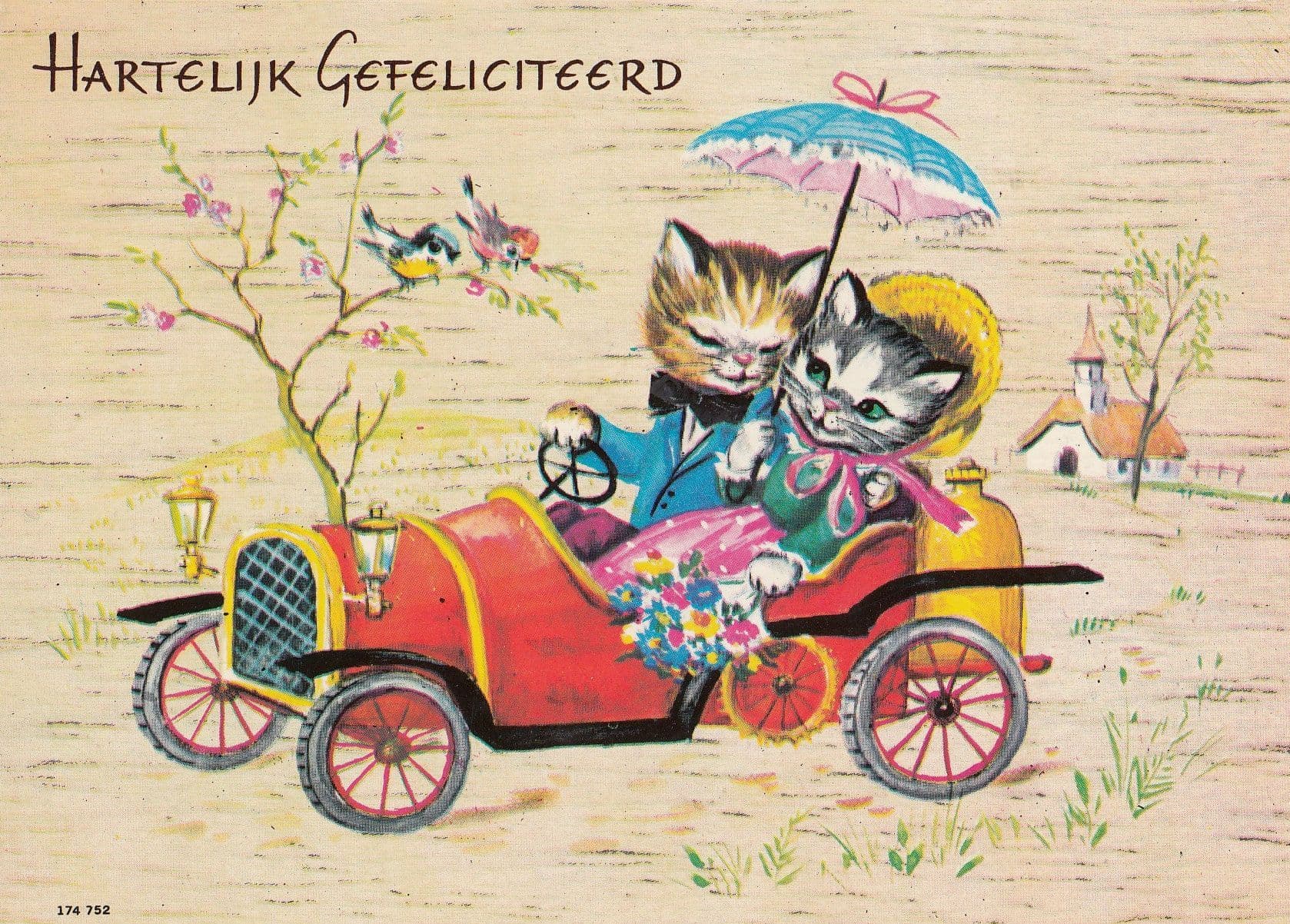 Cats Lovers Red Dutch Transport Under Umbrella Car Hartelijk Gefeliciteerd Postcard