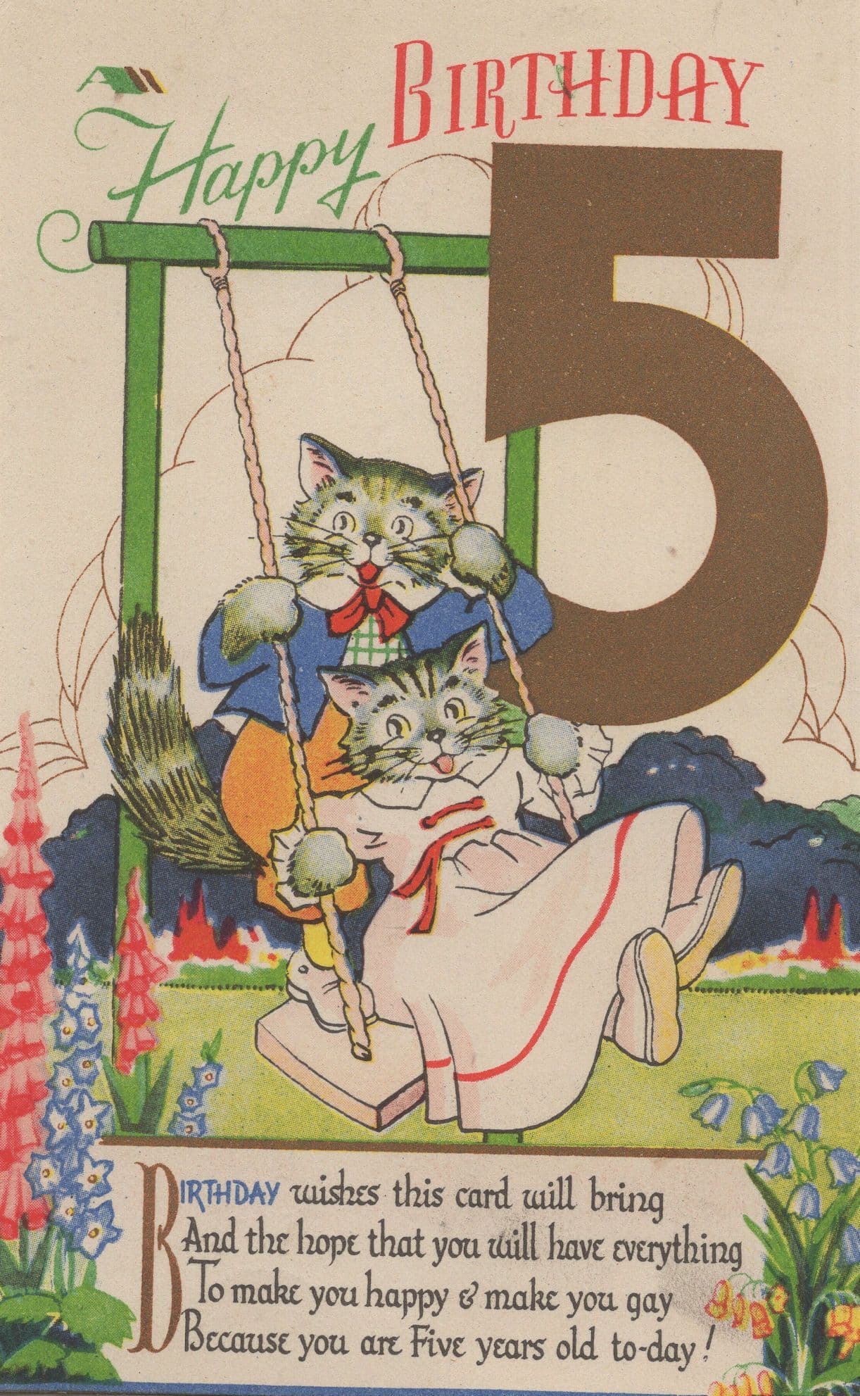 Cats On A Playground Swing Vintage Cat 5th Birthday Postcard