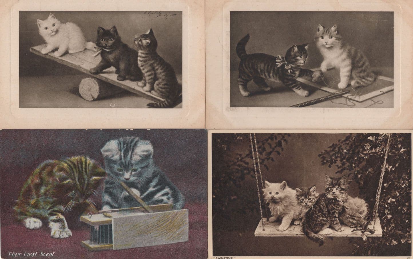 Cats On See Saw Garden Swing Mouse Cage Book 4x Old Toy Postcard s