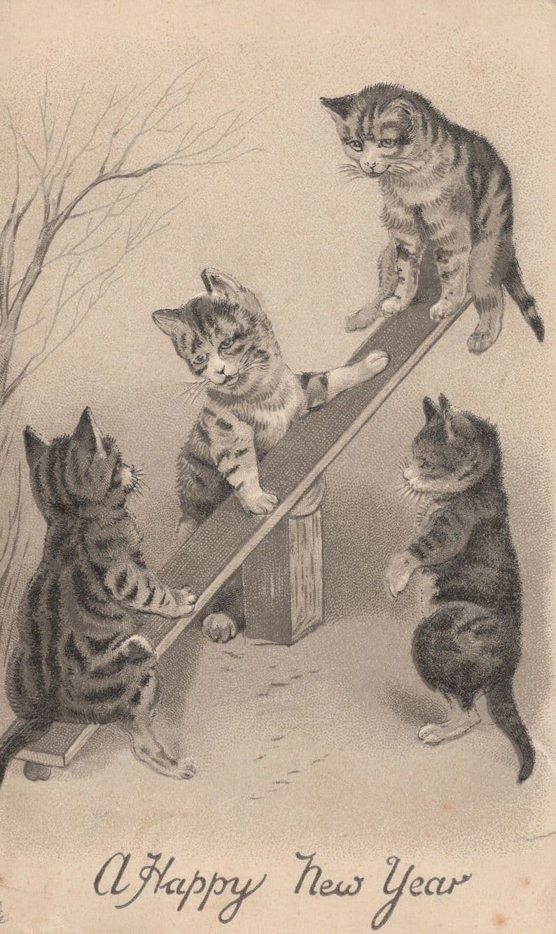 Cats On See Saw Kitten Playing Old Tucks WW1 Cat Postcard