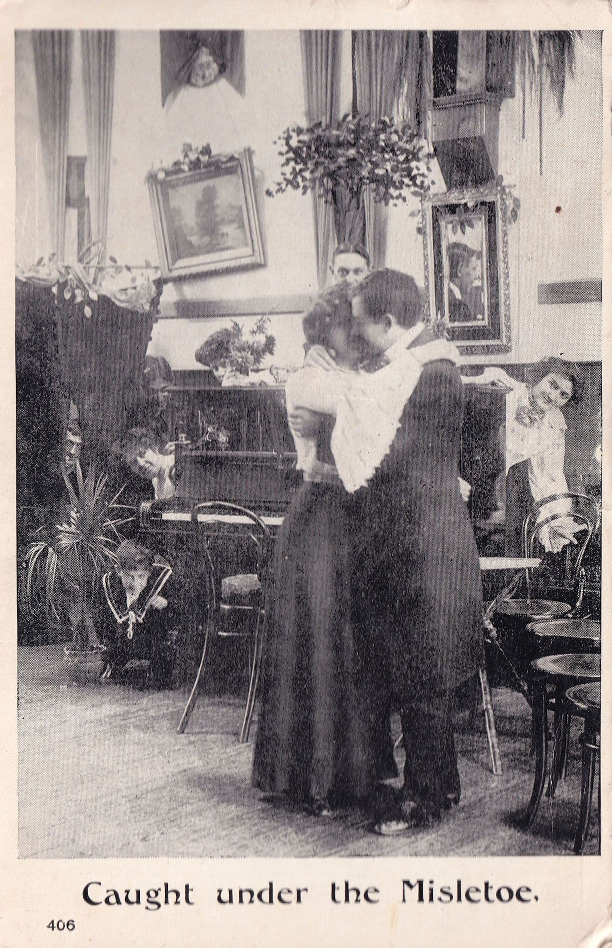 Caught Under The Mistletoe Peeping Tom Christmas Comic Postcard