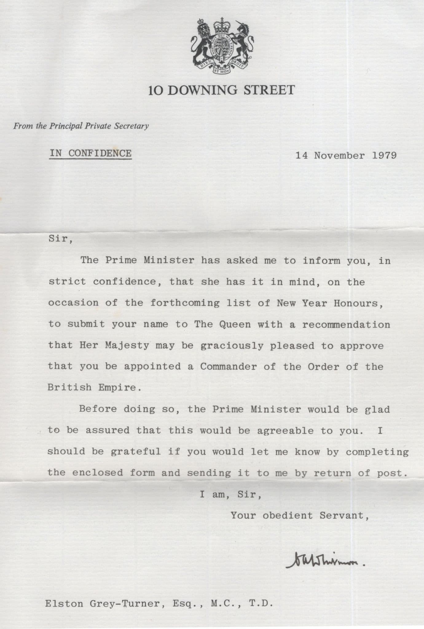 CBE Award 10 Downing Street Notification RARE Private Letter