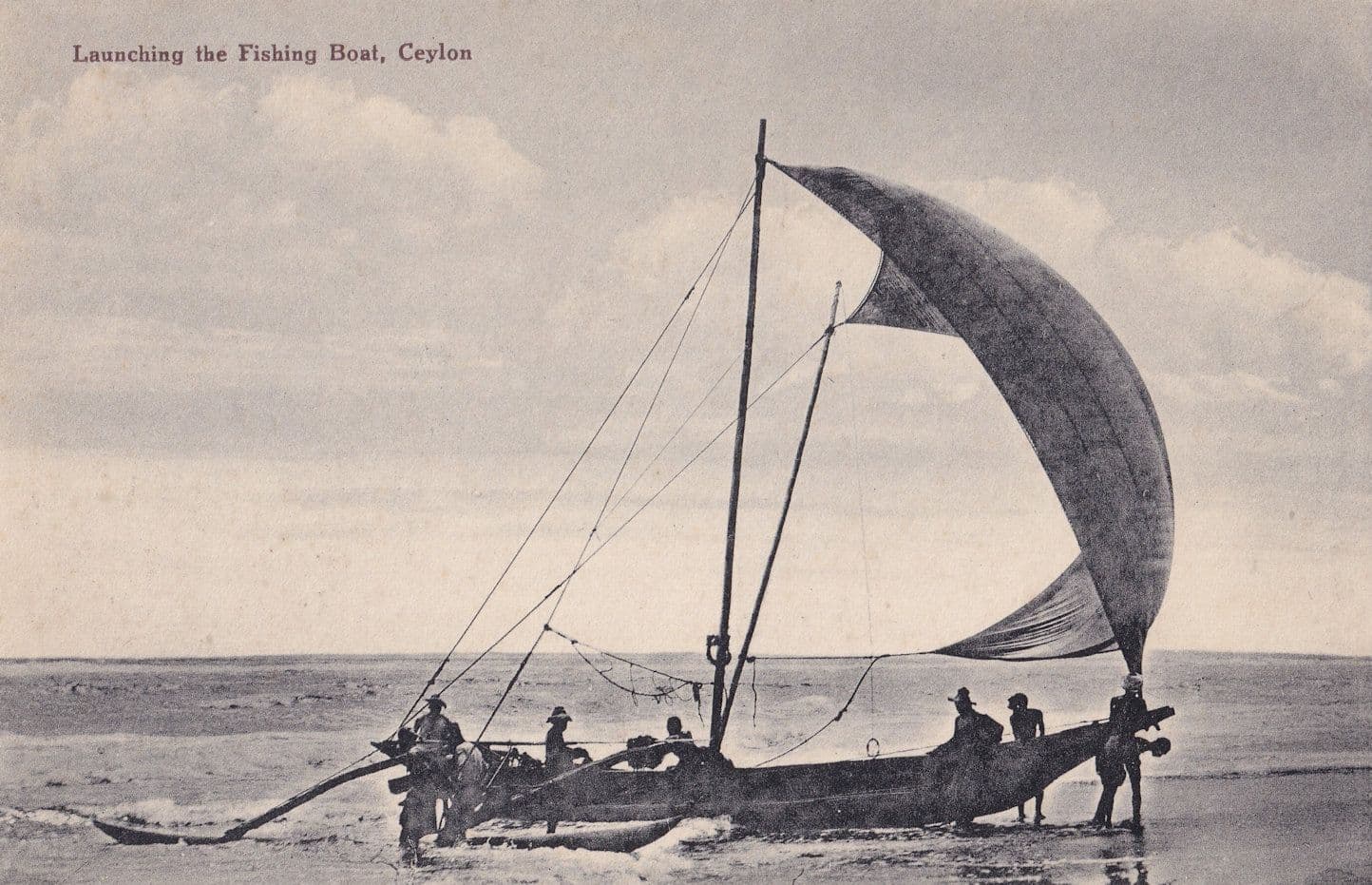 Ceylon Sri Lanka Launching the Fishing Boat Ship Postcard