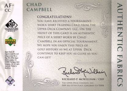 Chad Campbell Authentic Fabrics 2004 Upper Deck Real Golf Shirt Card