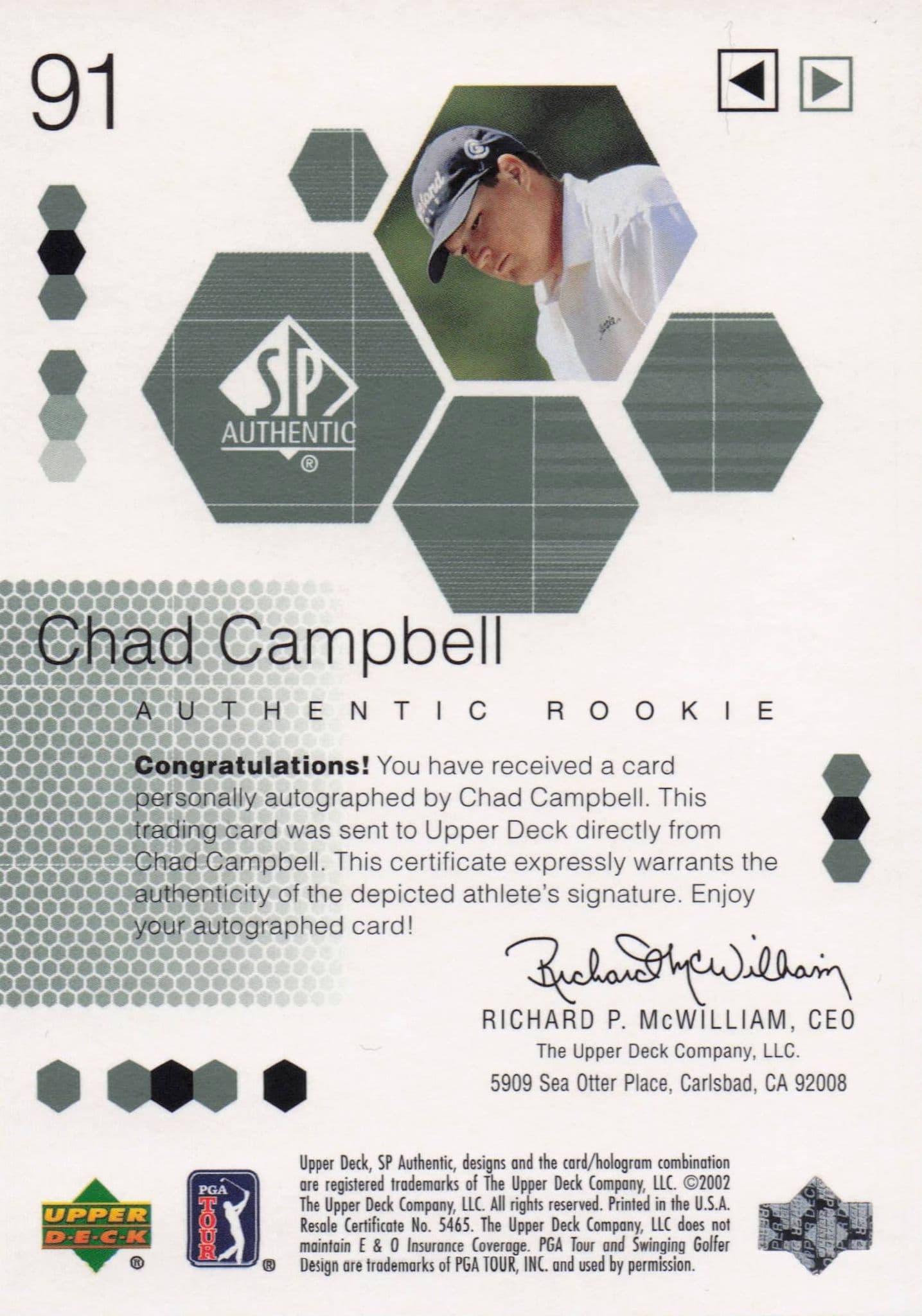 Chad Campbell Authentic Rookie 2002 Golf SP Hand Signed Autograph Card