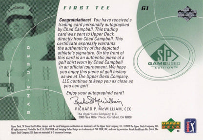 Chad Campbell First Tee SP 2002 Golf Hand Signed Worn PGA Shirt Card