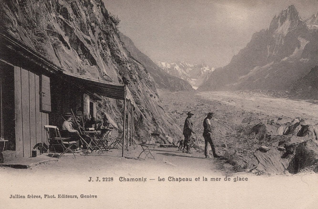 Chamonix Le Chapeau Et La Mer De Glace Switzerland Old Postcard + Hotel Frank