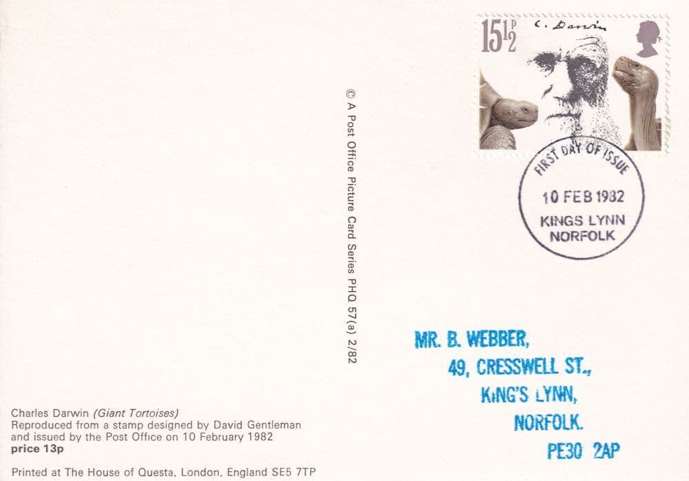 Charles Darwin Giant Tortoise Rare PHQ First Day Cover Postcard