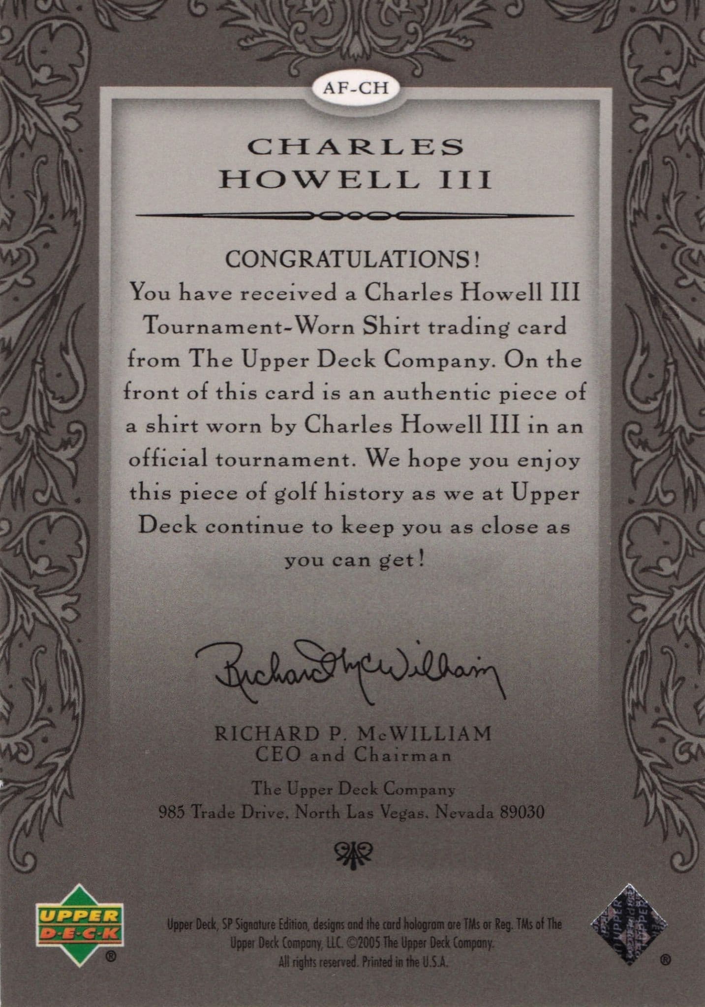 Charles Howell III Authentic Fabrics 2005 SP Golf Upper Deck Worn Shirt Card