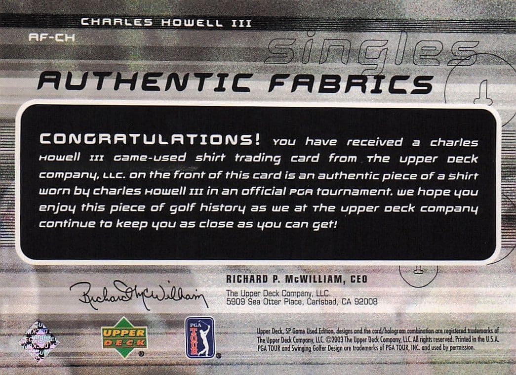 Charles Howell III Authentic Fabrics Singles 2003 Golf Upper Deck Worn Shirt Card