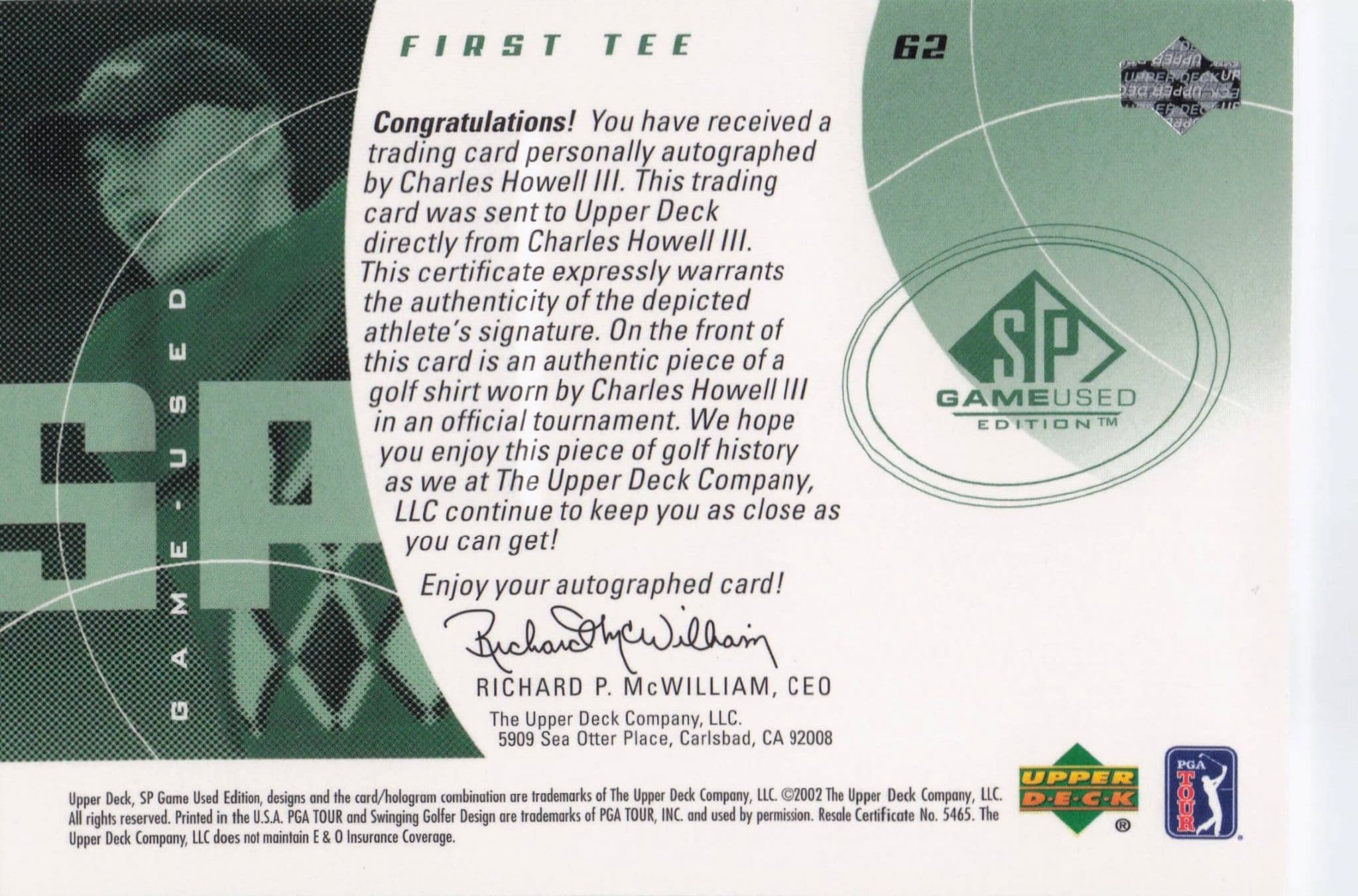 Charles Howell III First Tee SP 2002 Golf Hand Signed Worn PGA Shirt Card