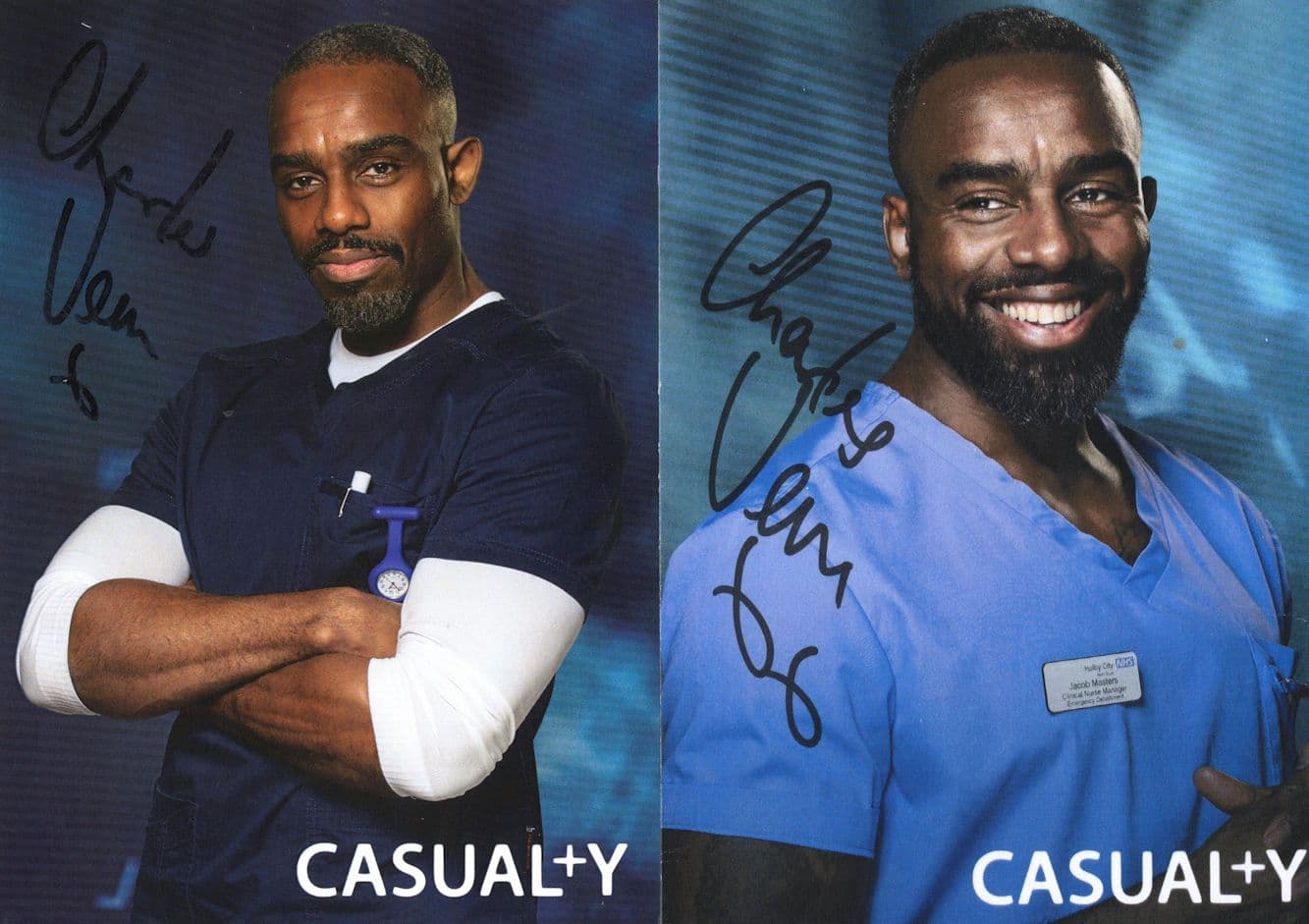 Charles Venn as Jacob Masters Casualty 2x BBC Hand Signed Cast Card Photo s