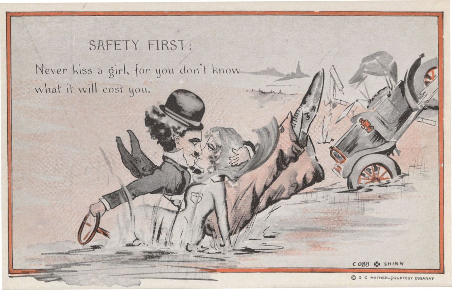 Charlie Chaplin Cobb Shinn Car Disaster Kiss Of Life Old Comic Postcard