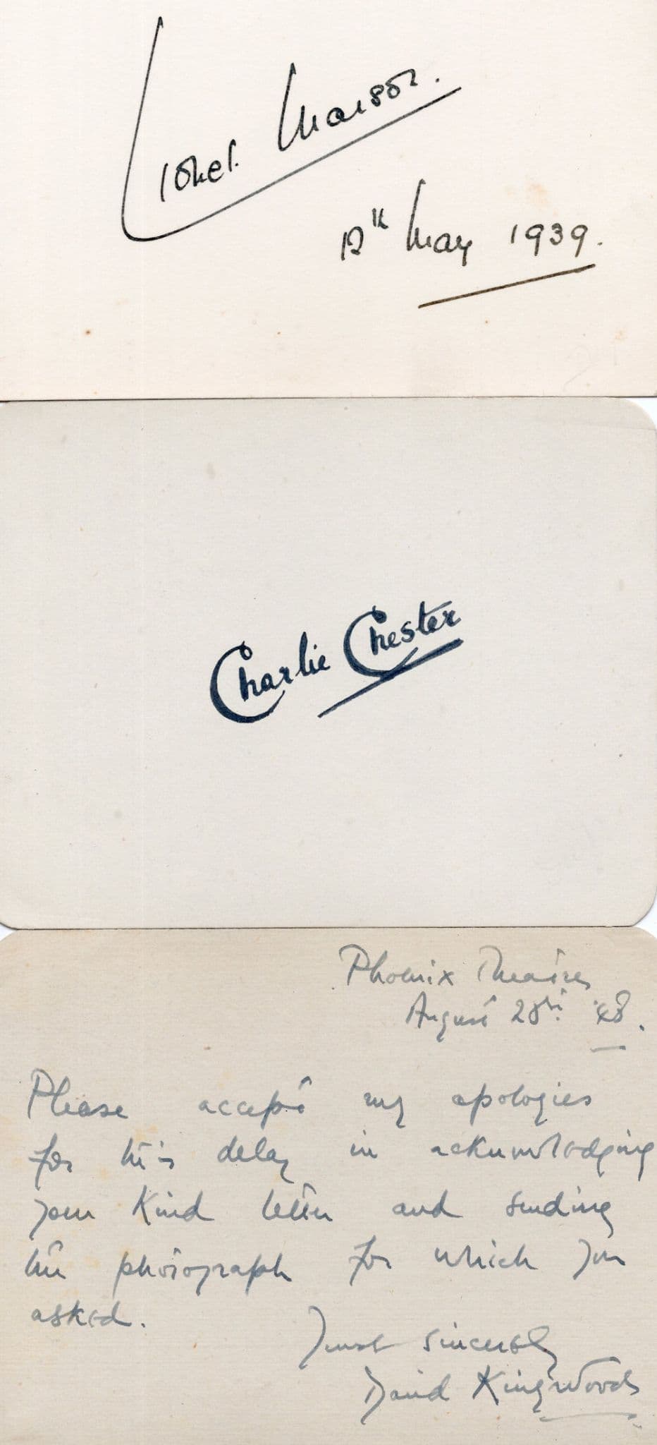 Charlie Chester 3x Antique incl WW2 Hand Signed Autograph Card s