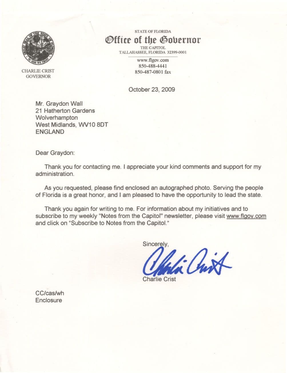 Charlie Crist Florida Governor USA Hand Signed 10x8 Photo & Autograph Letter