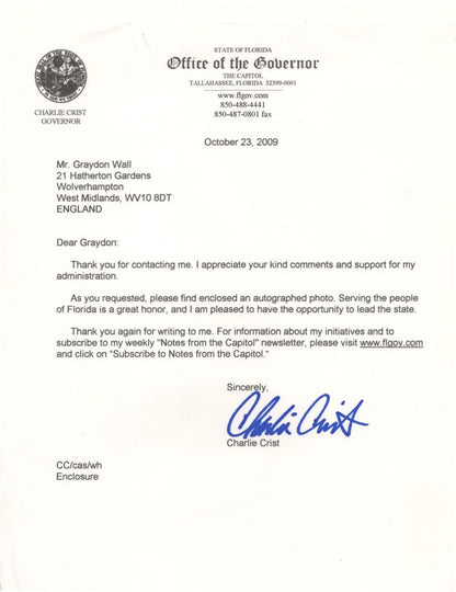 Charlie Crist Florida Governor USA Hand Signed 10x8 Photo & Autograph Letter