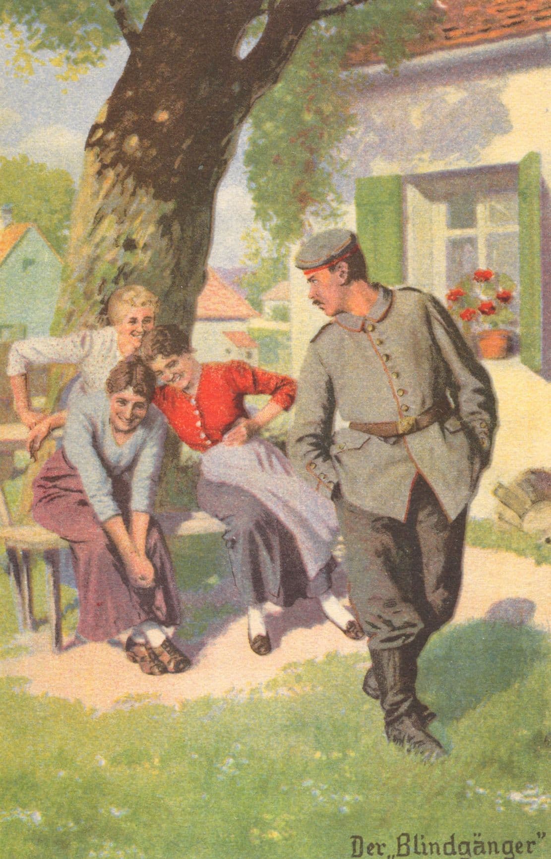 Cheeky German Girls Giggling at Army Soldier WW1 Painting Postcard