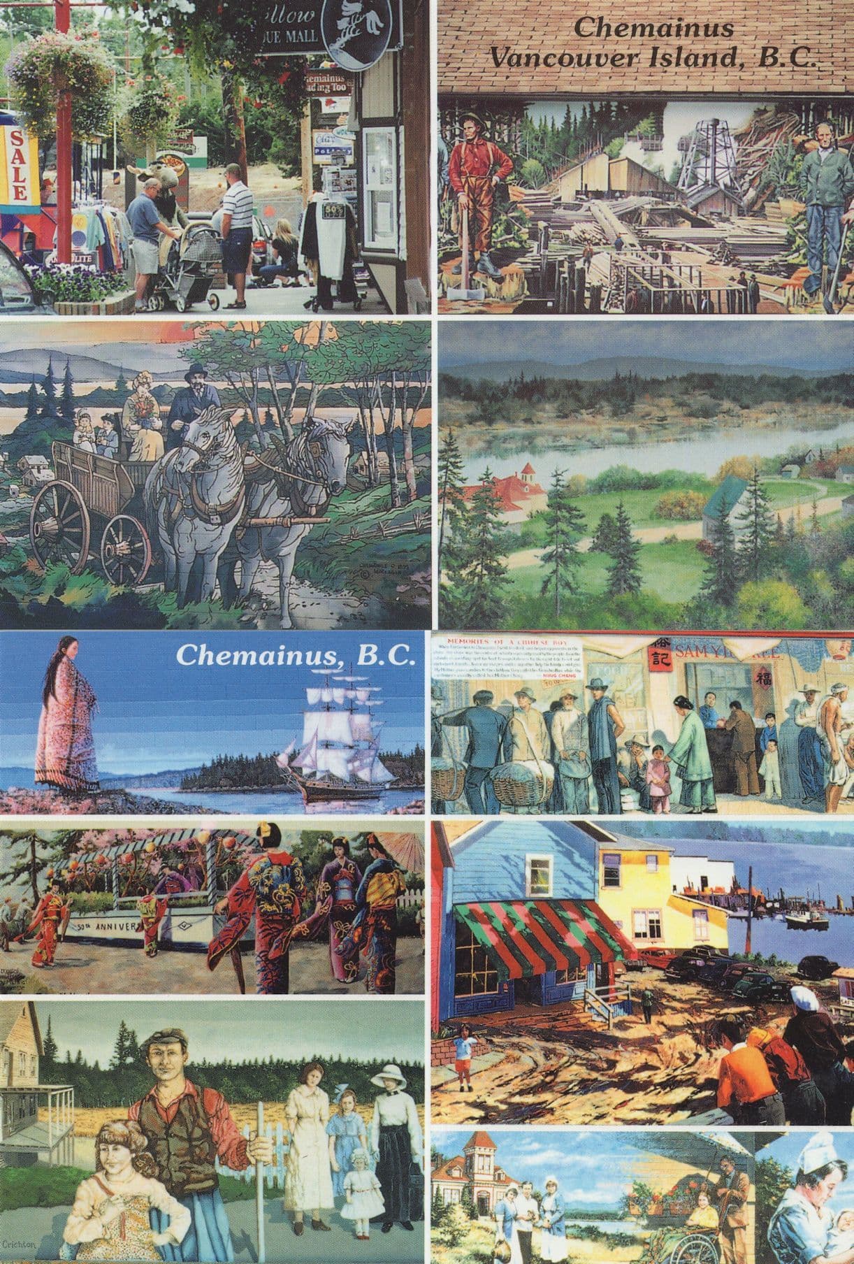 Chemainus Canada Mural Wall Painting Tall Ship Sawmill Harbour 2x Postcard s
