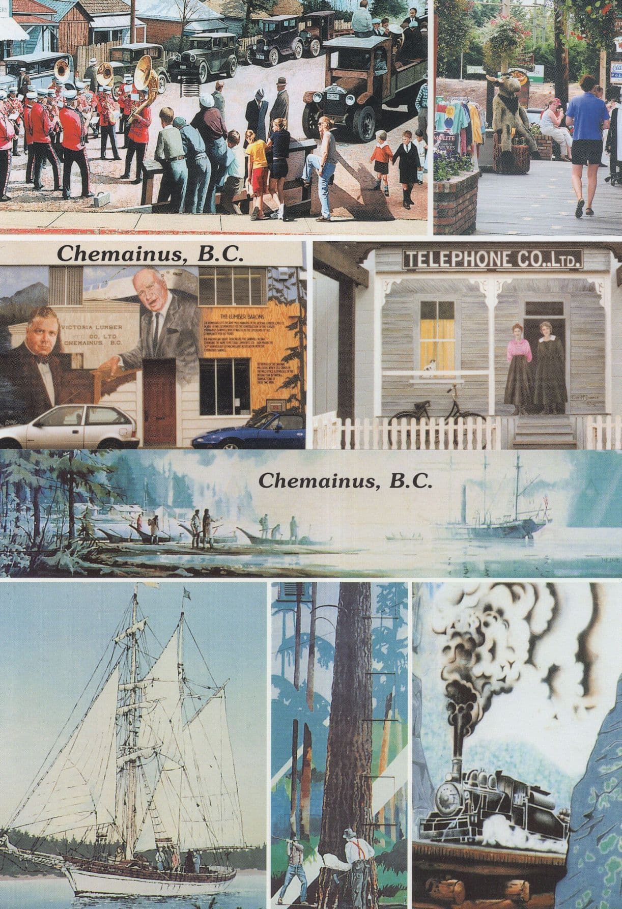 Chemainus Canada Train Telephone Ship 2x Mural Painting Postcard s