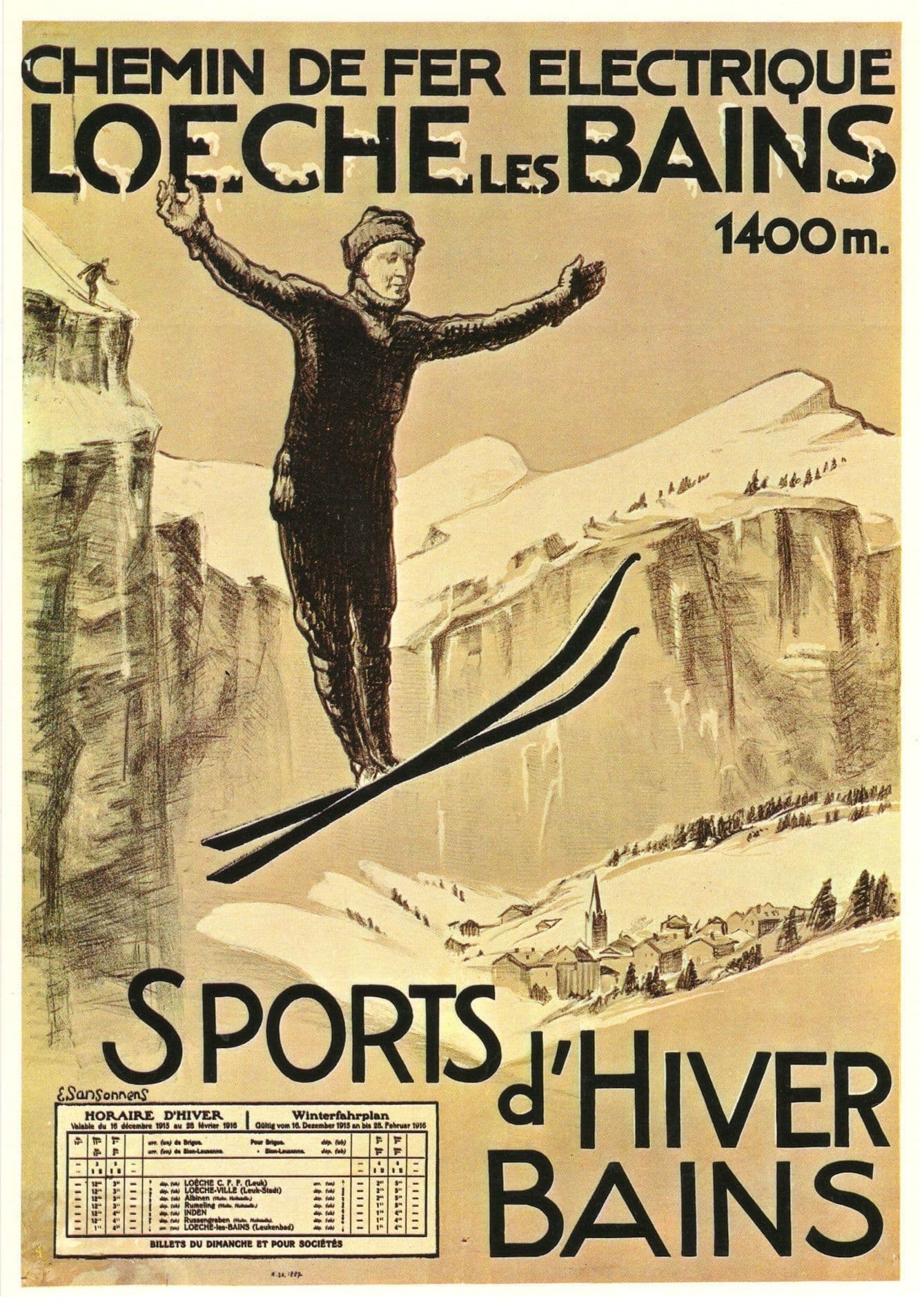 Chemin De Fer Loeche Les Bains WW1 Skiing Sports Skiing Swiss Timetable Postcard