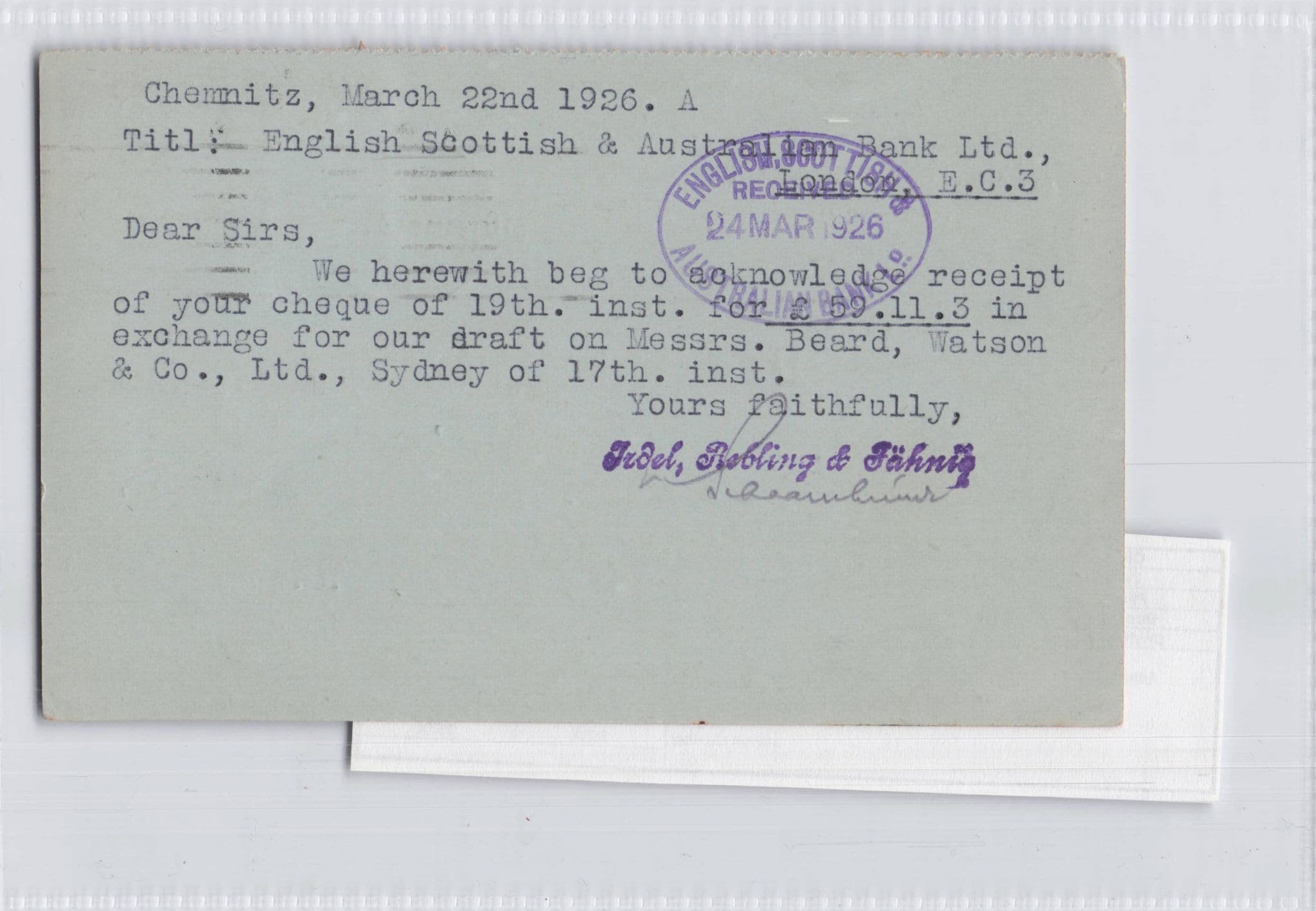 Chemnitz Sydney Receipt Australian Bank Ltd German Old Postcard