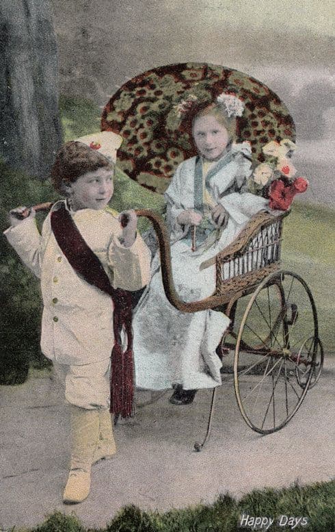 Child Butler Escorts Princess Child In Transportation Car Antique Postcard