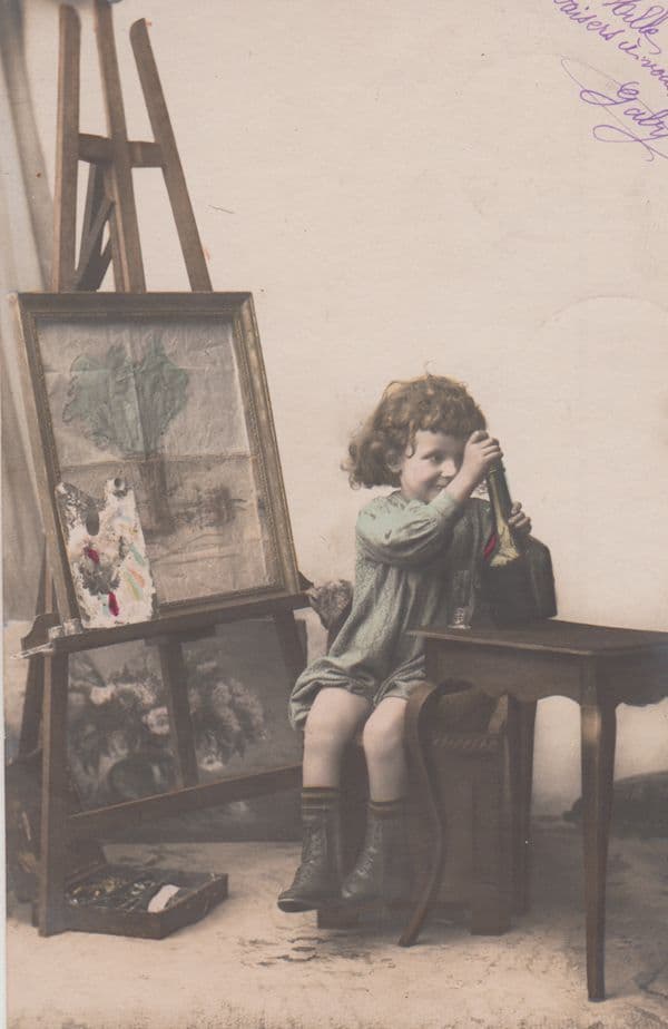 Child Drinking From Drinking Spirits Bottle Of Beer WIne Humour Comic Postcard
