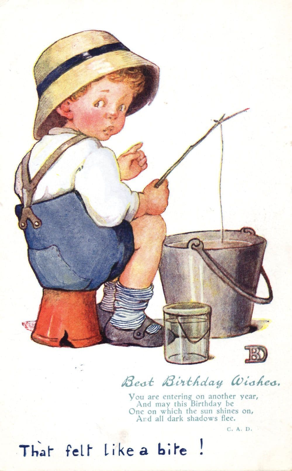 Child Fishing Rod Birthday Wishes Old Comic Postcard
