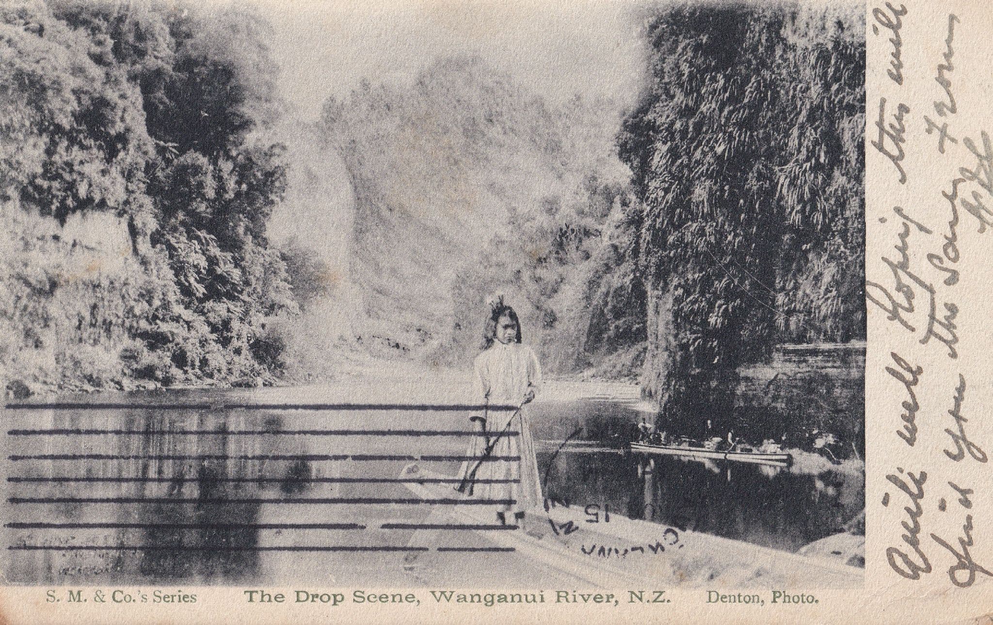 Child in Rowing Boat at Drop Scene Wanganui River Antique Postcard