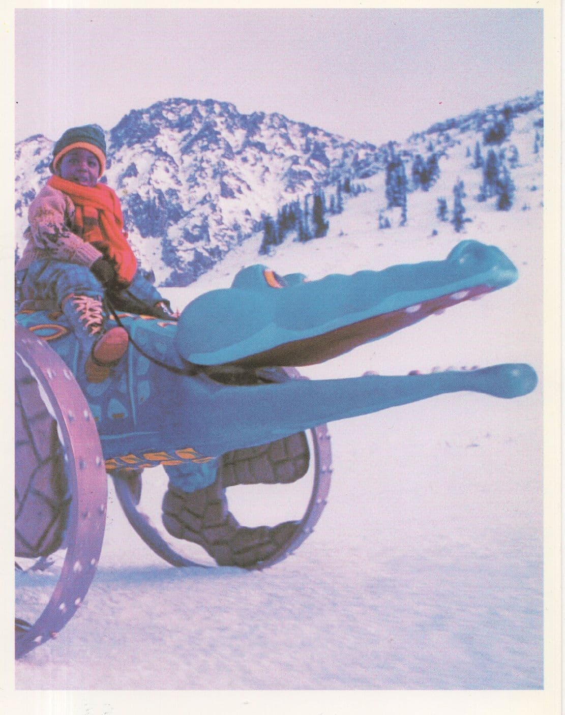 Child On Snow Sledge With Crocodile Head Aircraft Advertising Postcard