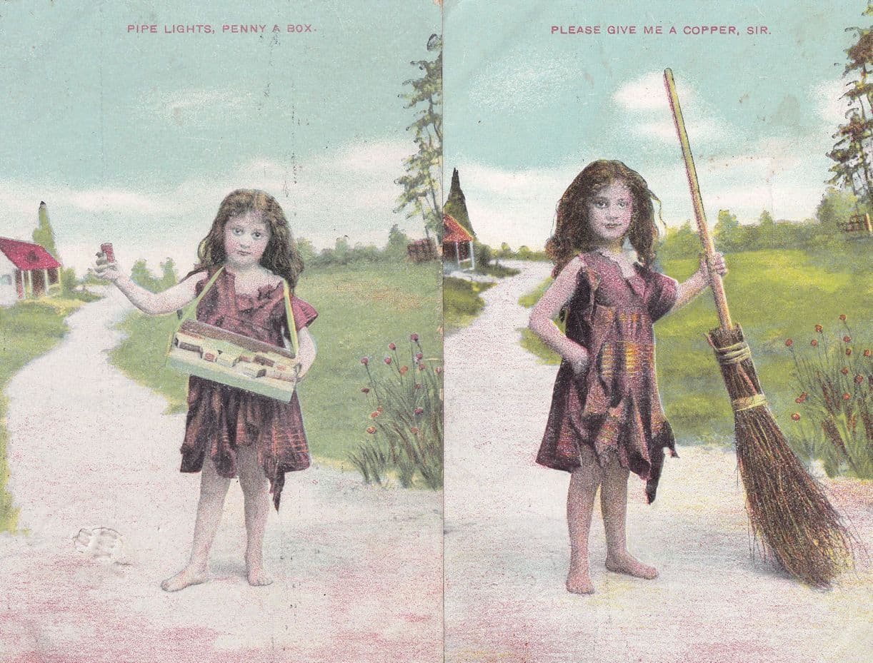 Child Street Market Vendor Chimney Sweep Broom 2x Postcard s