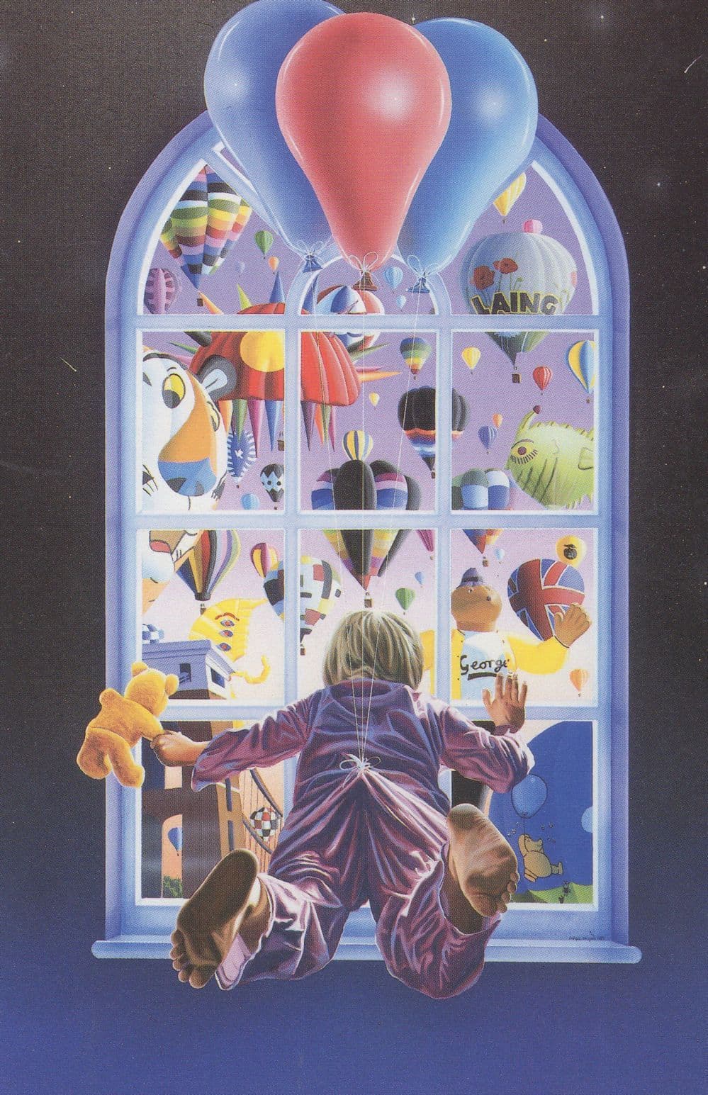 Child & Teddy Bear Floating To Hot Air Balloons Astral Painting Postcard