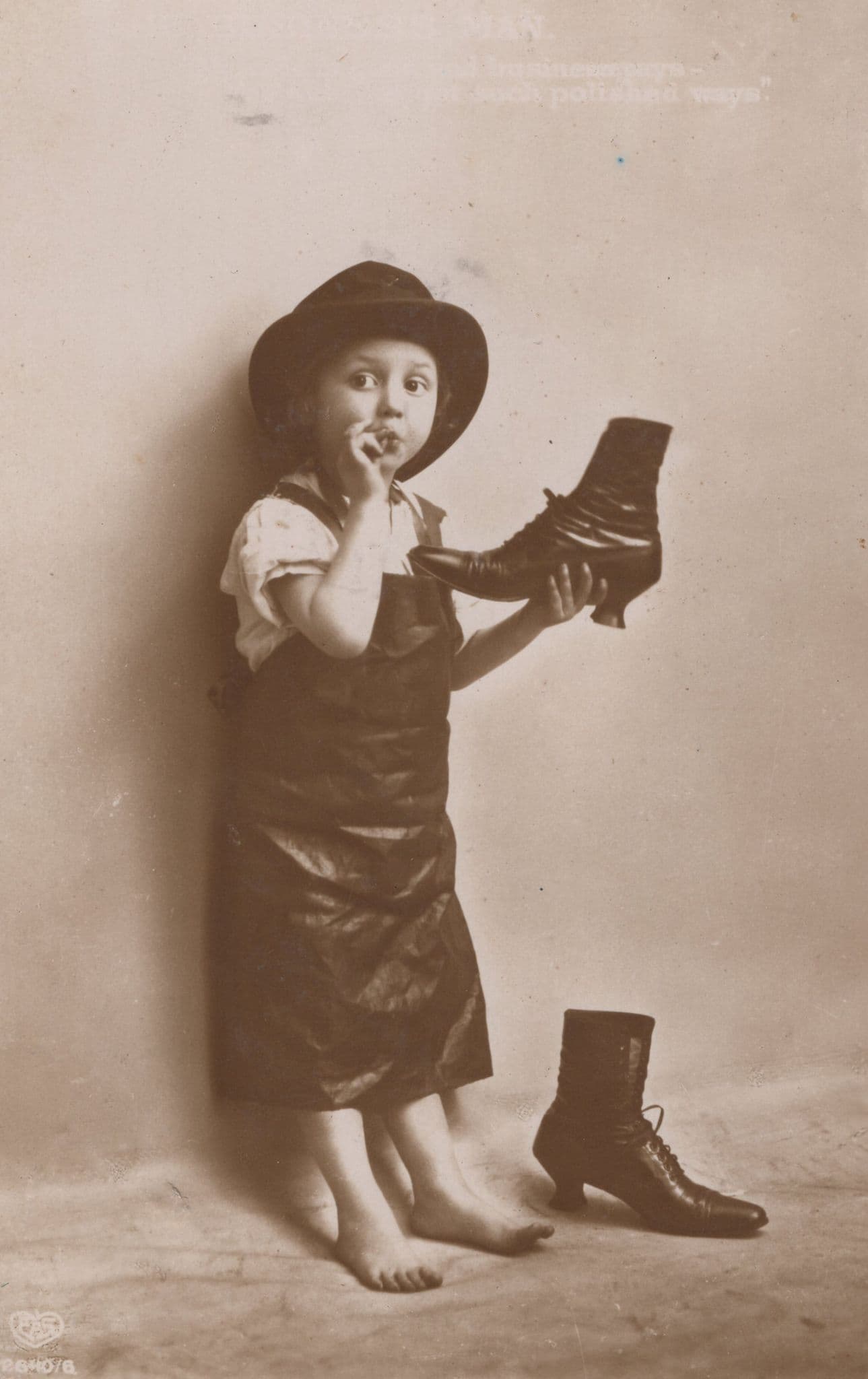 Child Trying On Old High Heels Leather Boots Shoes RPC Postcard