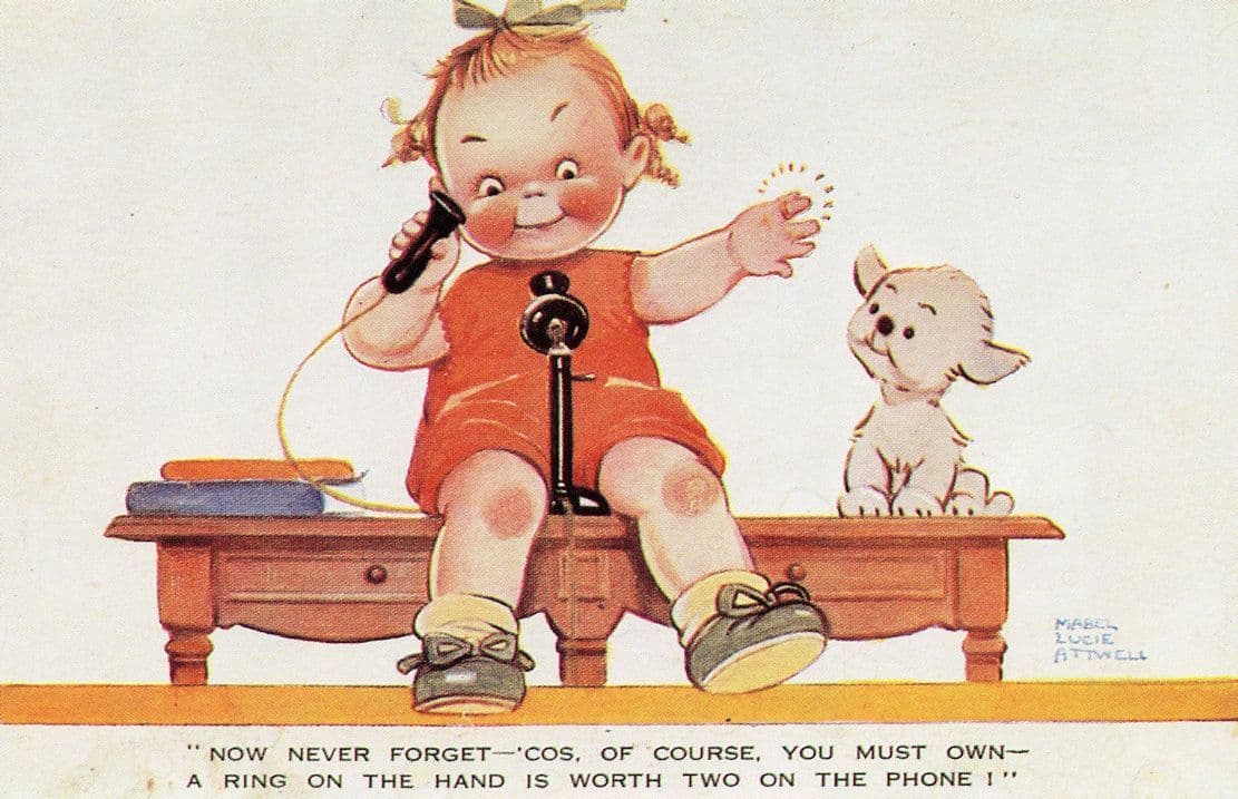 Child With Antique Telephone Telegram Advertising Postcard