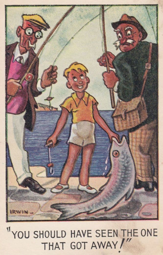 Child with Giant Fish on Fisherman Boat Deck Antique Comic Humour Postcard