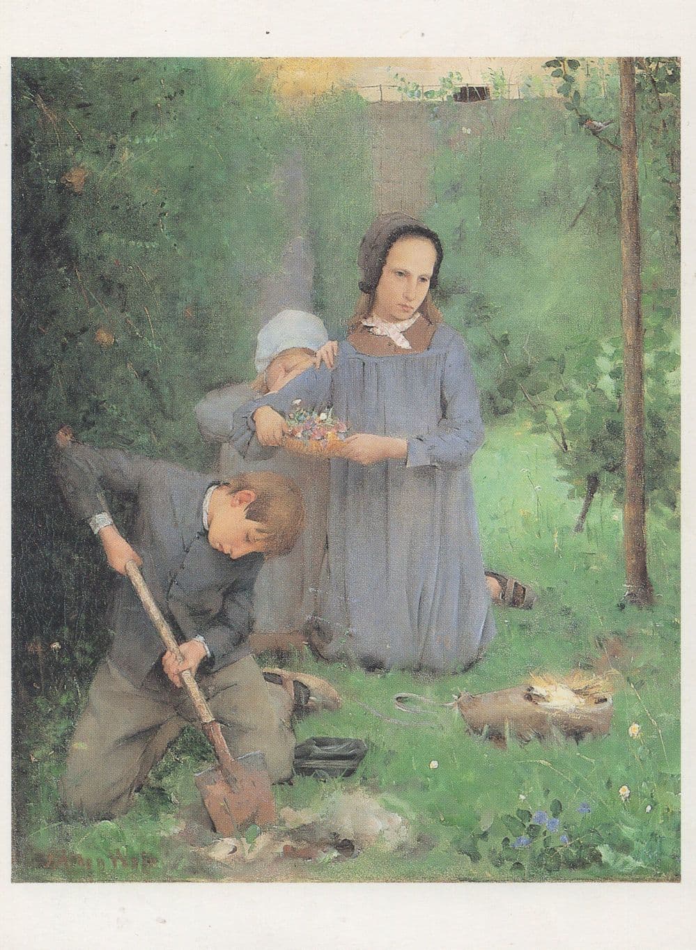 Children Burying a Dead Bird Victorian Julian Weir Painting Postcard