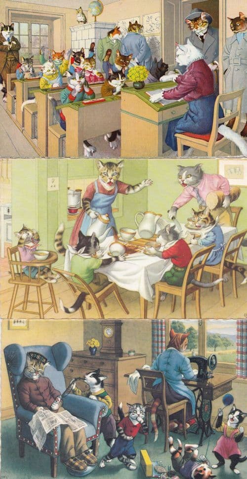 Children Cats At School Garden Party Sewing 3x Comic Postcard s